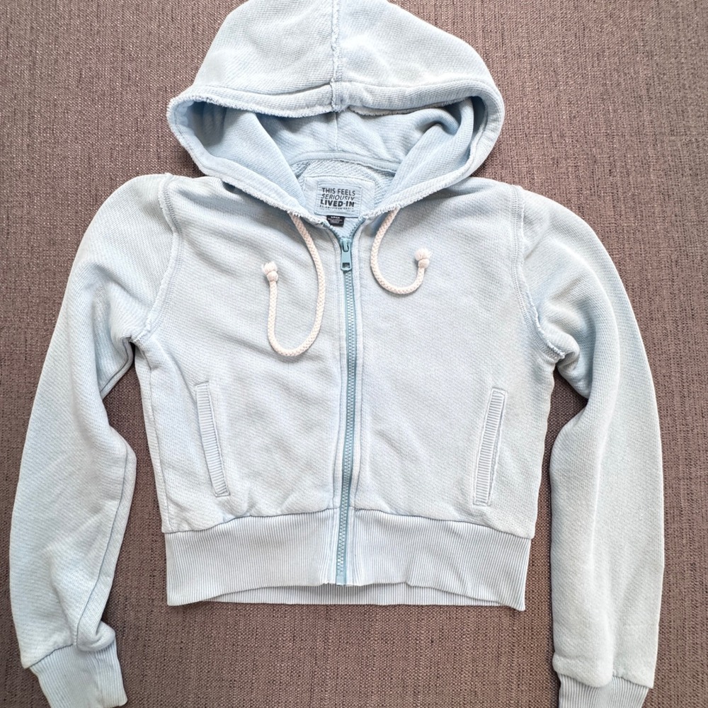American Eagle Seriously Lived-In Cropped Zip Up Hoodie Light Blue Small